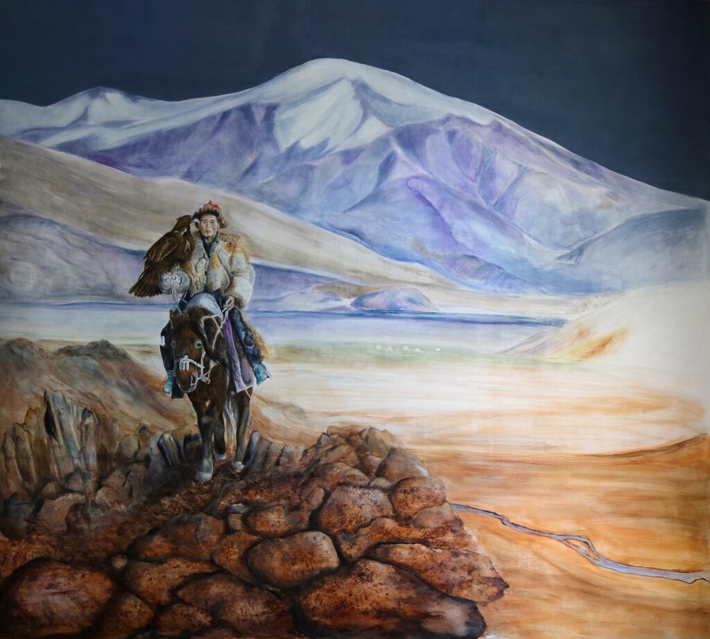 Muurschildering Mongoolse jager paard adelaar