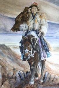 Muurschildering Mongoolse jager paard adelaar