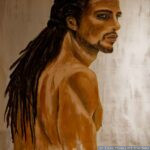 Portret van een donkere man met lang haar op doek